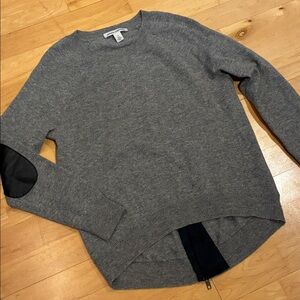 Autumn Cashmere Gray Crew Neck Cashmere Sweater w Real Sheepskin Trim Zip accent